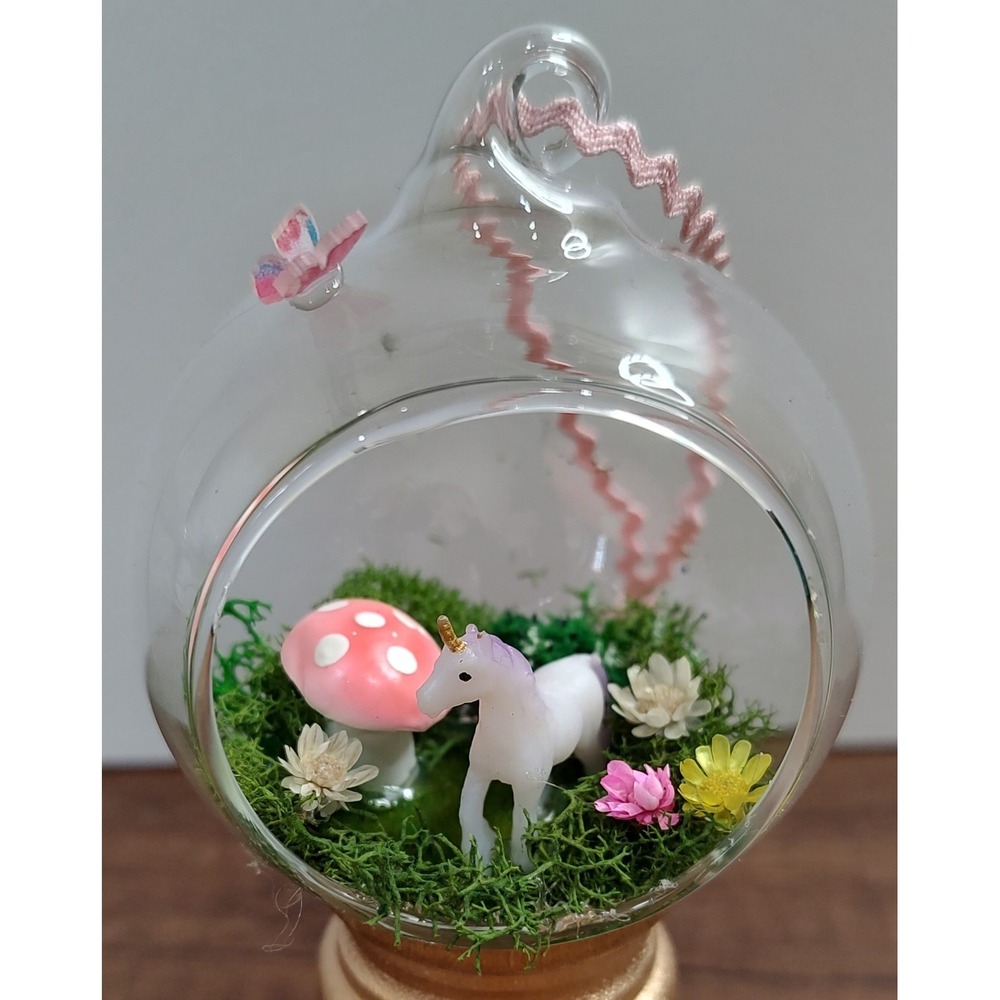 Unicorn Christmas Ornament Handmade Glass Diorama Horse Mushroom Fairy Garden